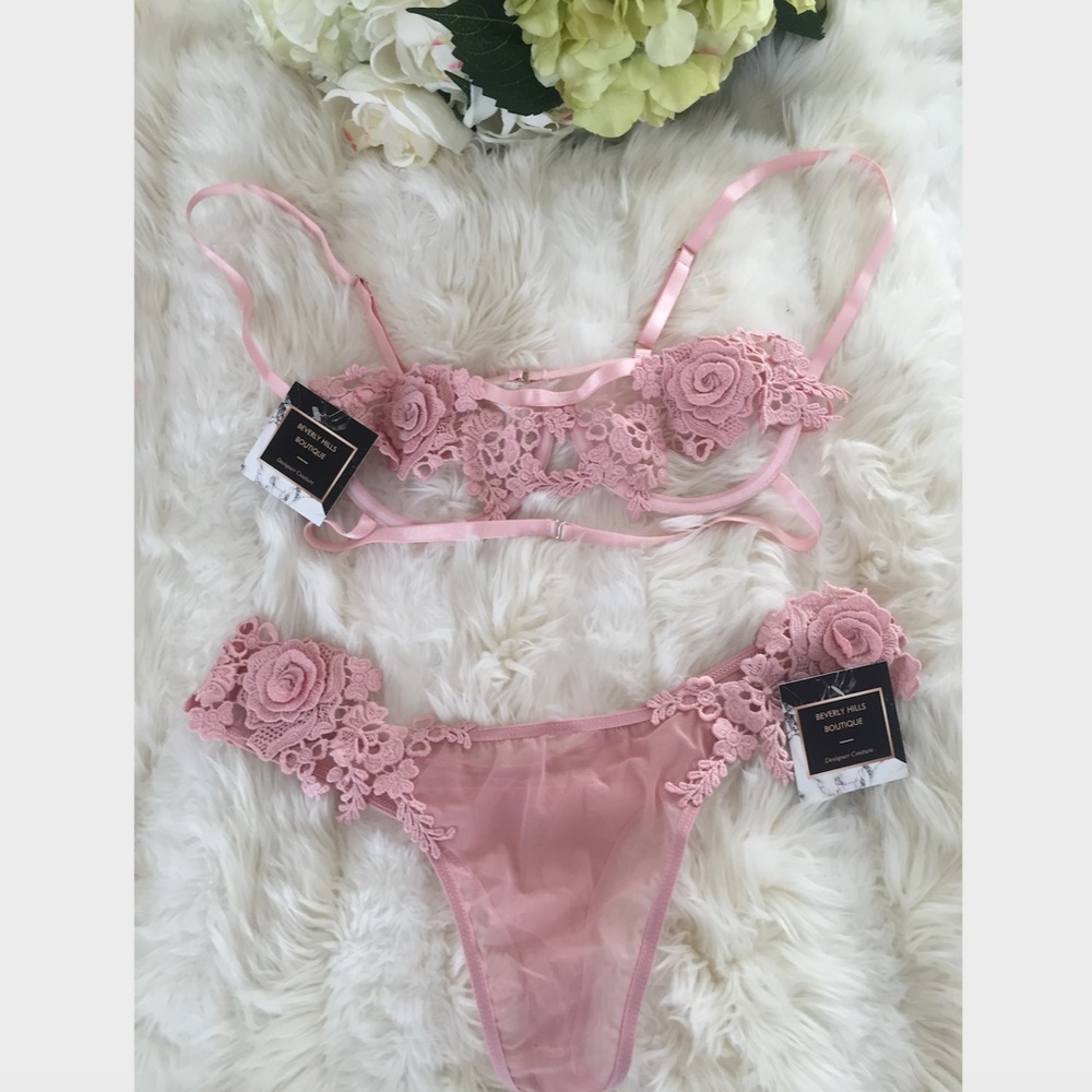 Petal Pink Rose Bralette 2 Piece Set Sexy Lingerie